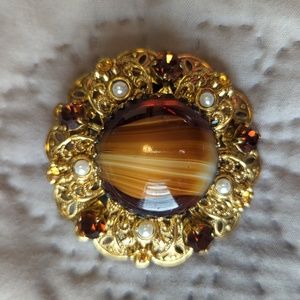 Topaz Art Glass Filigree Brooch from the 1940s 2"x2"